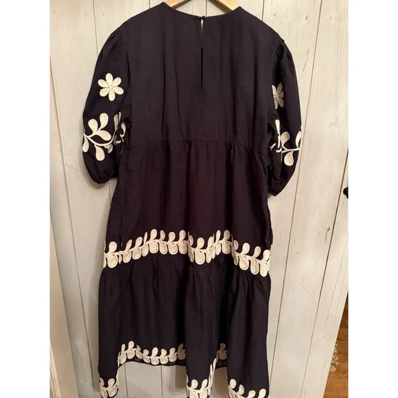 Anthropologie Embroidered Puff Sleeve Dress Floral Cotton Black Ivory XL Worn 1X - Picture 7 of 11